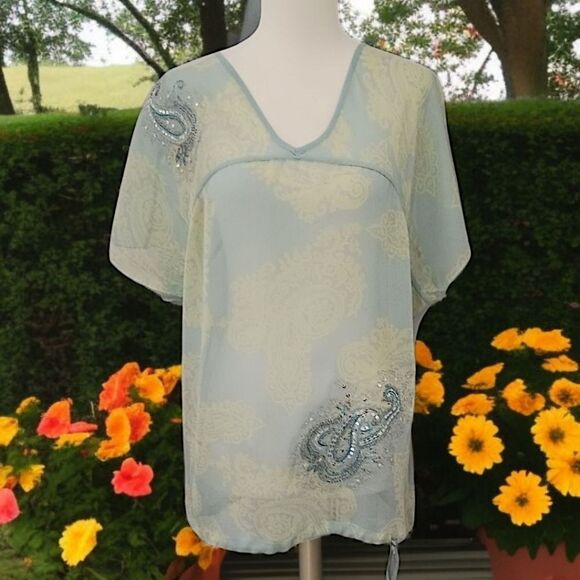 Y2K Paisley Silk Boxy Fit Blouse M Sheer Pastels Coquette Romantic Drawstring - Picture 14 of 16